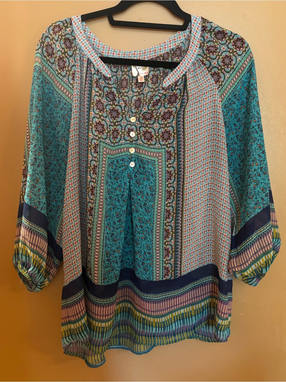 Anthropologie Fig and Flower XL Boho Patchwork Sheer 3/4 Sleeve Blouse Blue Top